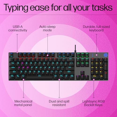 HP GK400F Mechanical Gaming Keyboard,dust & Spill Resistant,RGB Backlit Keys,Metal Panel,Full-Sized Keyboard Design - Unboxify