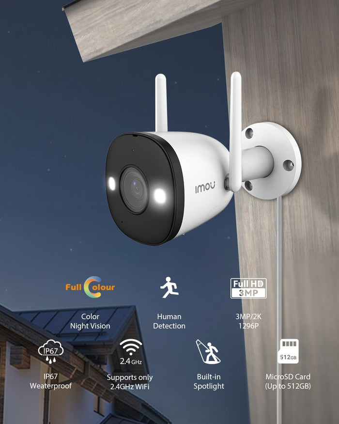 Imou 2K 3MP Outdoor Security Bullet CCTV Camera,Color Night Vision,Human Detection - Unboxify