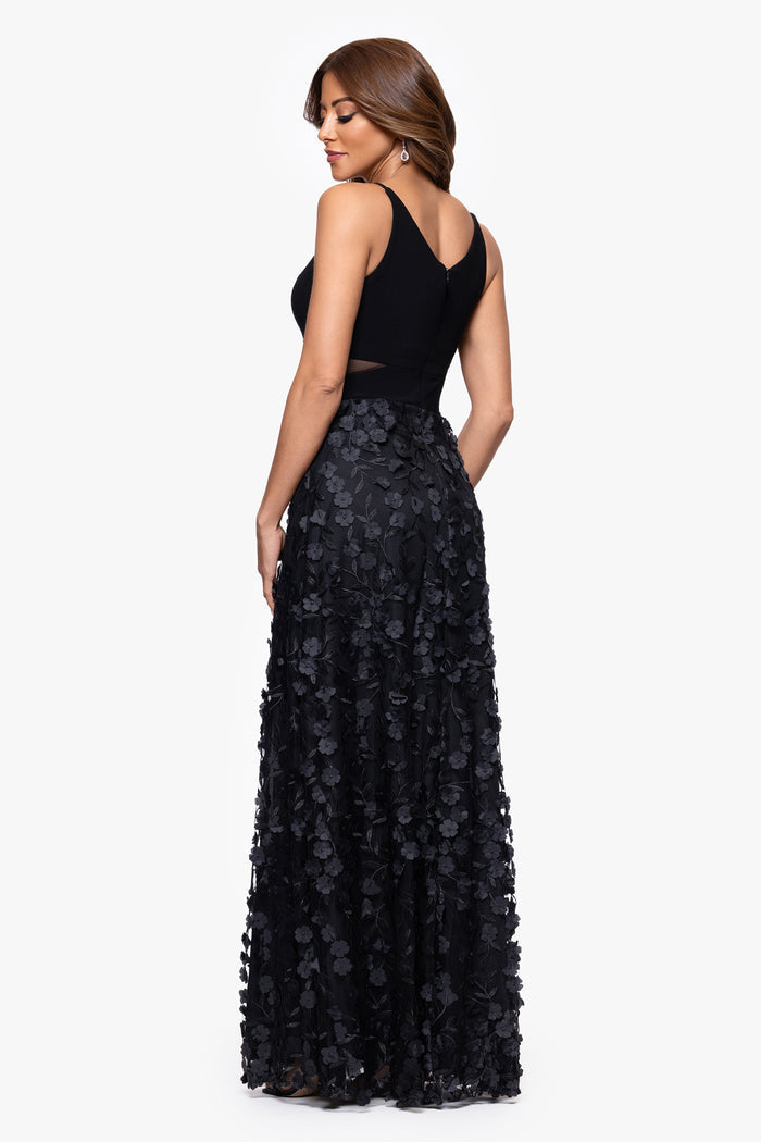 Black “Iris” Jersey Knit V-Neck Raised Flower Dress, back view