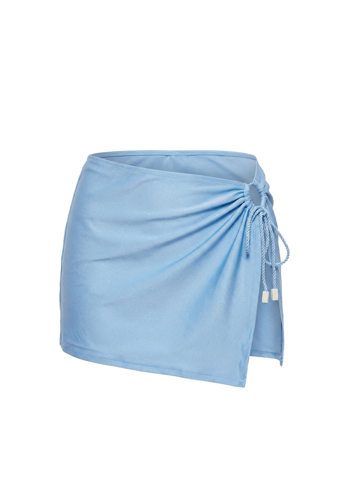 Light blue wrap skirt on a white background