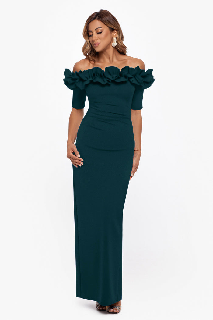 Pine “Isla” Scuba Crepe Off the Shoulder Ruffle Dress, front view