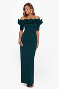 Pine “Isla” Scuba Crepe Off the Shoulder Ruffle Dress, front view