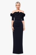 Black “Isla” Scuba Crepe Off The Shoulder Ruffle Dress, front view