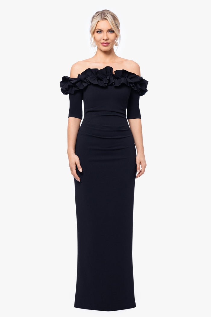 Black “Isla” Scuba Crepe Off The Shoulder Ruffle Dress, front view