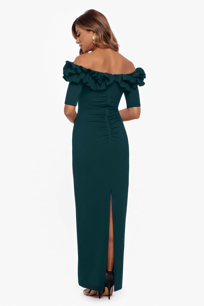 Pine “Isla” Scuba Crepe Off the Shoulder Ruffle Dress, back view with ruched detailing and center slit