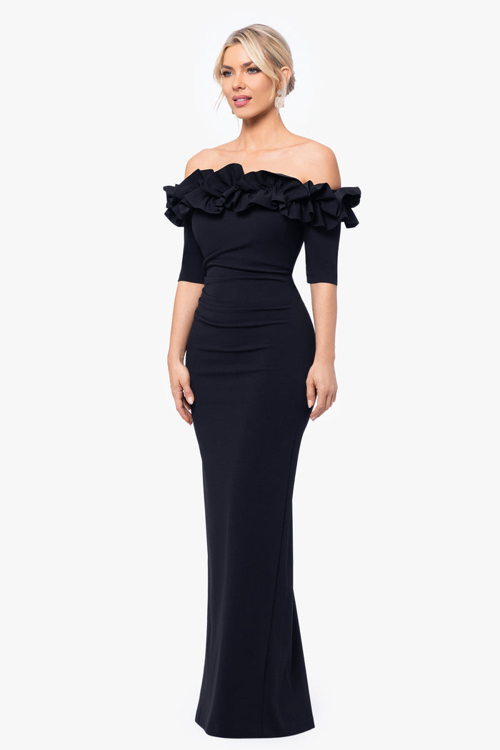 Black “Isla” Scuba Crepe Off The Shoulder Ruffle Dress, angled three-quarter view