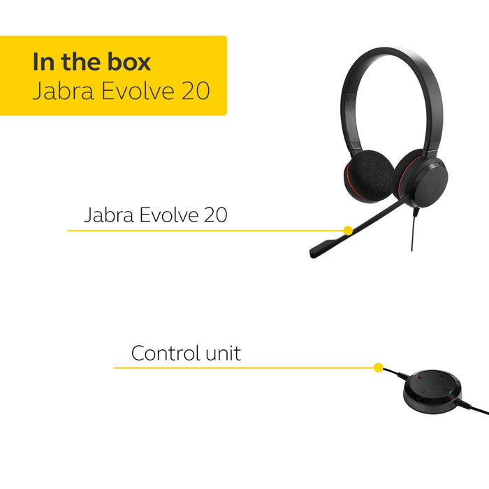 Jabra Evolve 20 Stereo Headset with noice canceling mic, Connect to Mobile/Tablet via USB-C/A, Lightweight Headband - Unboxify