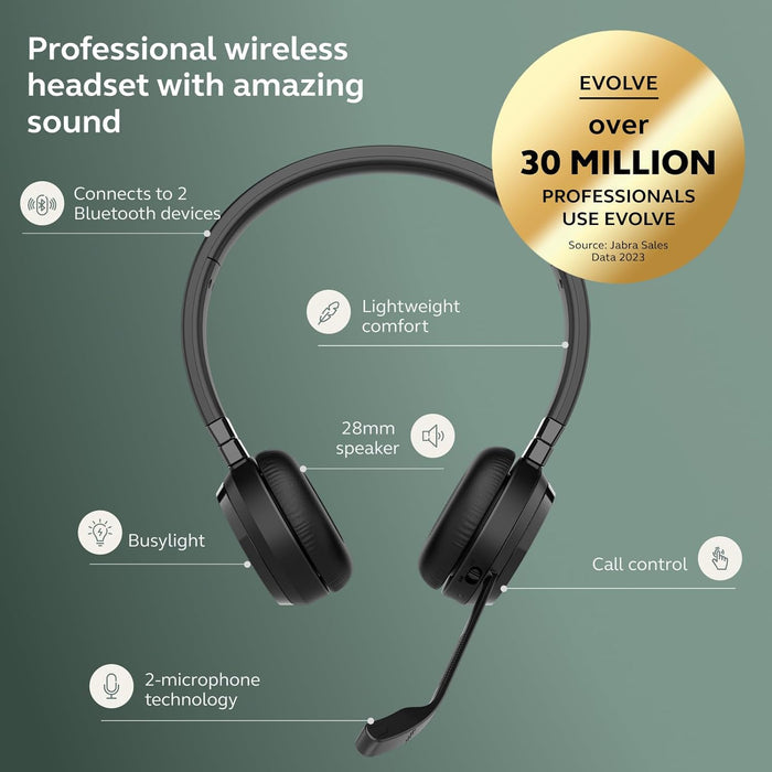Jabra Evolve 65TE | USB-A MS Stereo | BTHEADSET+ BT DONGLE(PC),On Ear,Black - Unboxify