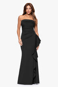Black “Jacqueline” Techno Scuba Strapless Ruffle Dress, front view