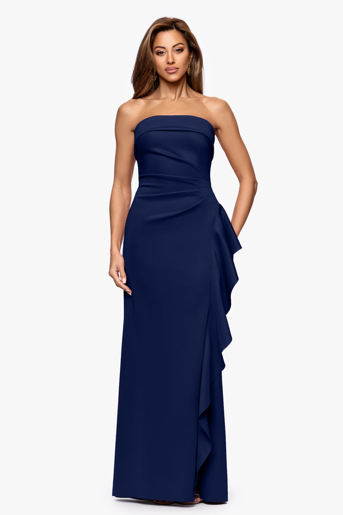 Midnight Petite “Jacqueline” Techno Scuba Strapless Ruffle Dress, front view