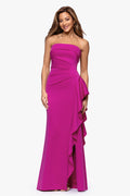 Orchid Petite “Jacqueline” Techno Scuba Strapless Ruffle Dress, strapless neckline and fitted bodice detail