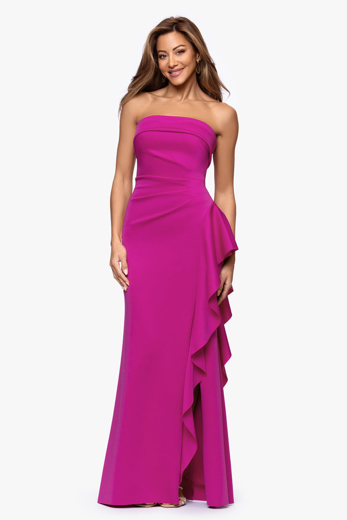 Orchid Petite “Jacqueline” Techno Scuba Strapless Ruffle Dress, strapless neckline and fitted bodice detail