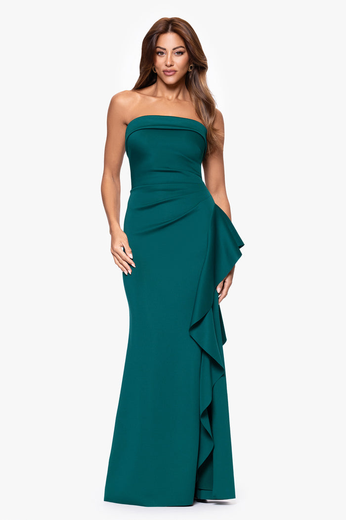 Hunter “Jacqueline” Techno Scuba Strapless Ruffle Dress, front view