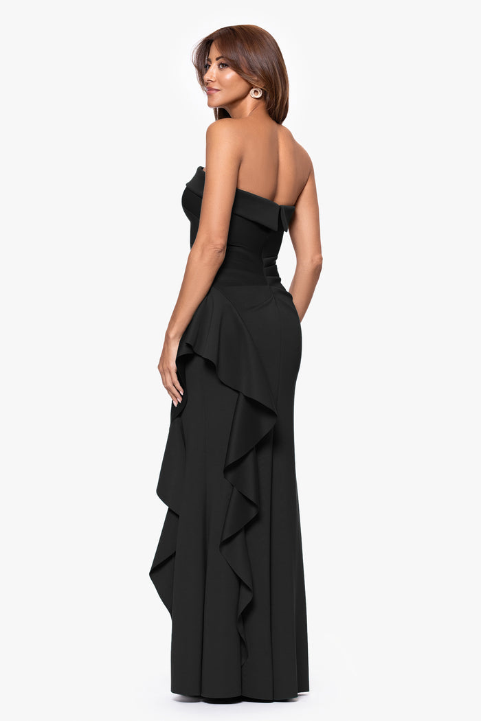Black “Jacqueline” Techno Scuba Strapless Ruffle Dress, back view