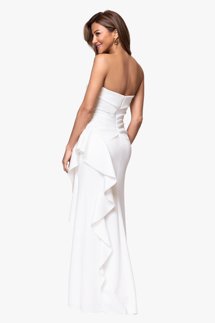 Ivory “Jacqueline” Techno Scuba Strapless Ruffle Dress, back view