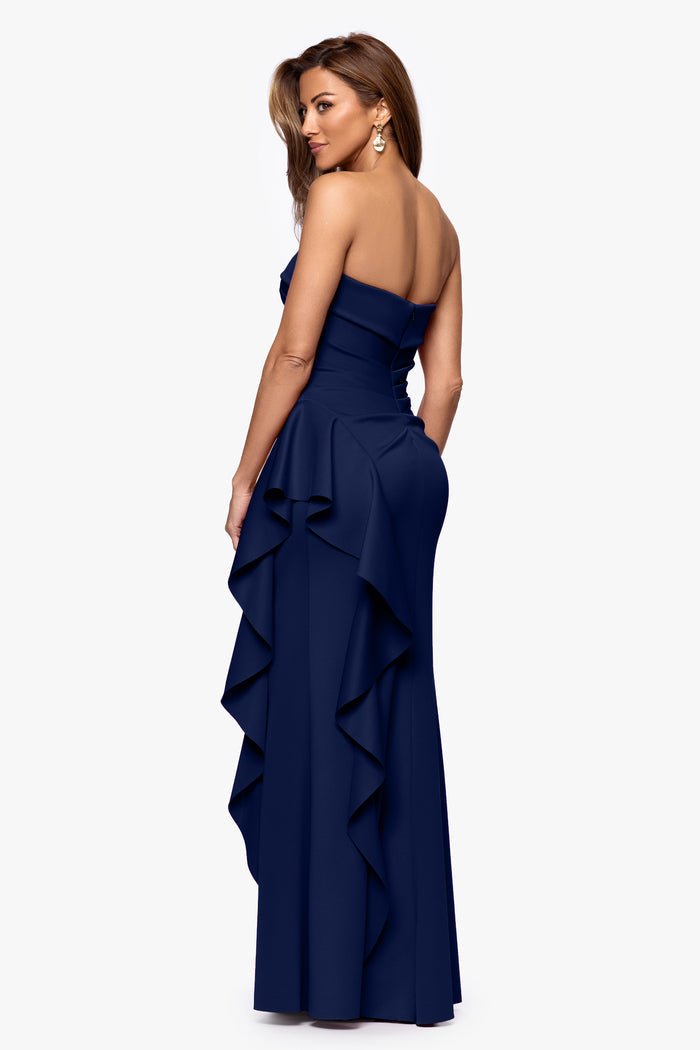Midnight Petite “Jacqueline” Techno Scuba Strapless Ruffle Dress, back view
