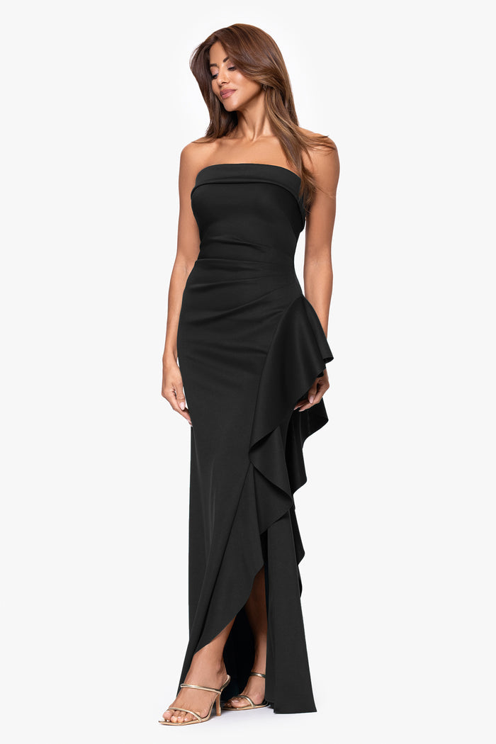 Black “Jacqueline” Techno Scuba Strapless Ruffle Dress, alternate front view with side slit