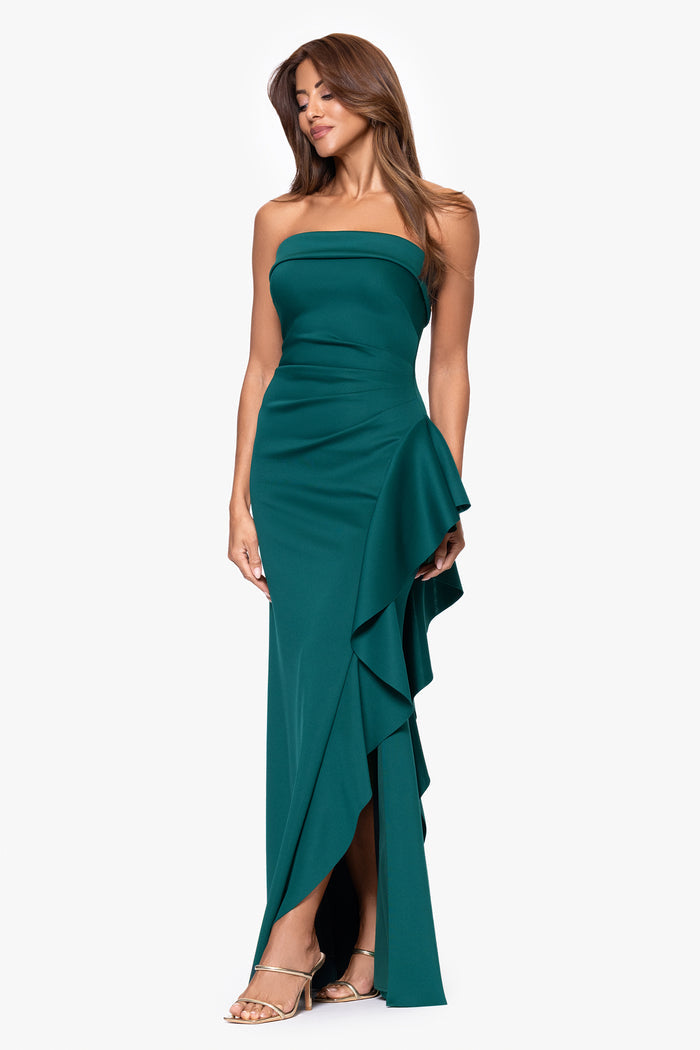 Hunter “Jacqueline” Techno Scuba Strapless Ruffle Dress, alternate front view with side slit