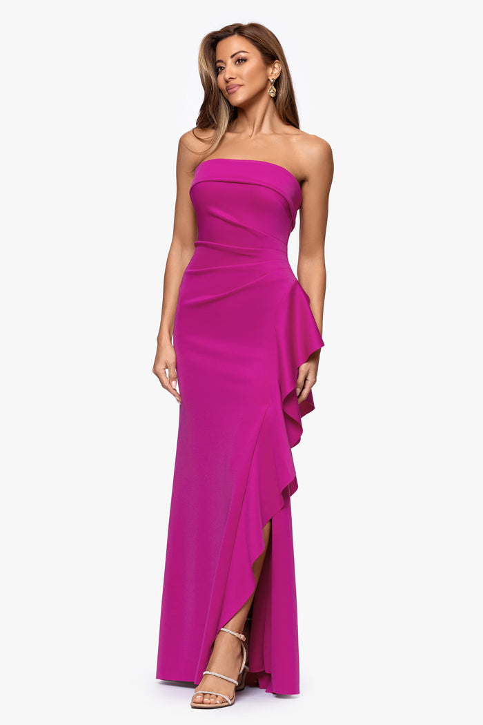 Orchid Petite “Jacqueline” Techno Scuba Strapless Ruffle Dress, angled three-quarter view with cascading ruffle and side slit