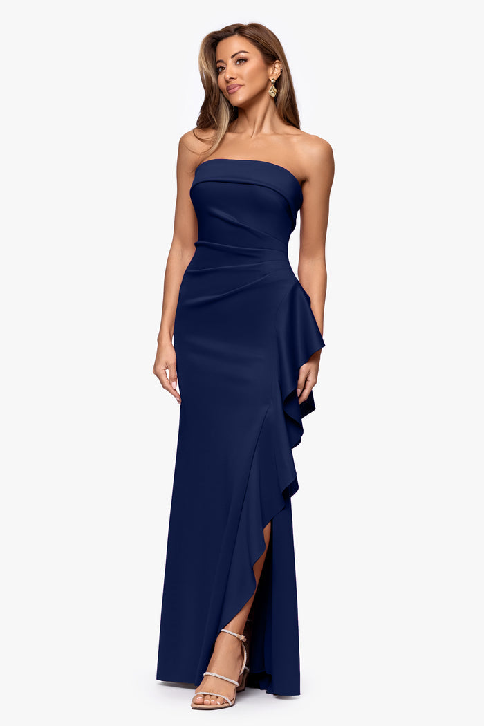 Midnight Petite “Jacqueline” Techno Scuba Strapless Ruffle Dress, angled three-quarter view with cascading ruffle and side slit