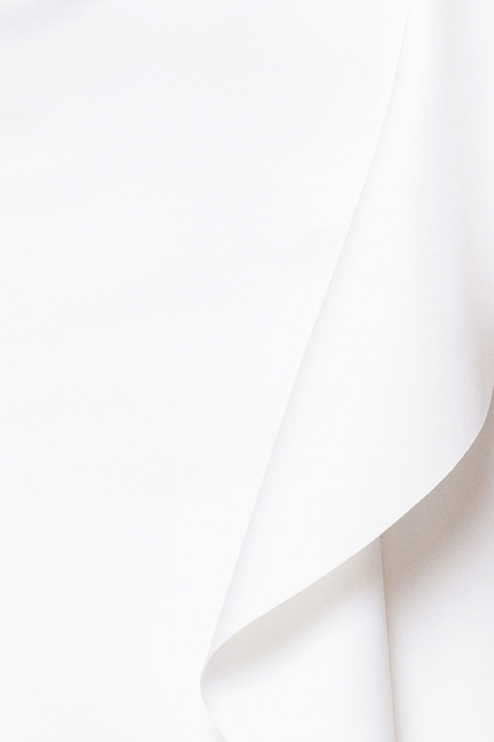 Ivory “Jacqueline” Techno Scuba Strapless Ruffle Dress, techno scuba fabric and ruffle detail