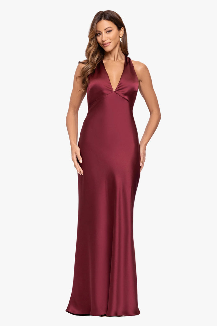 "Jade" Satin Tie Neck Ruched Dress