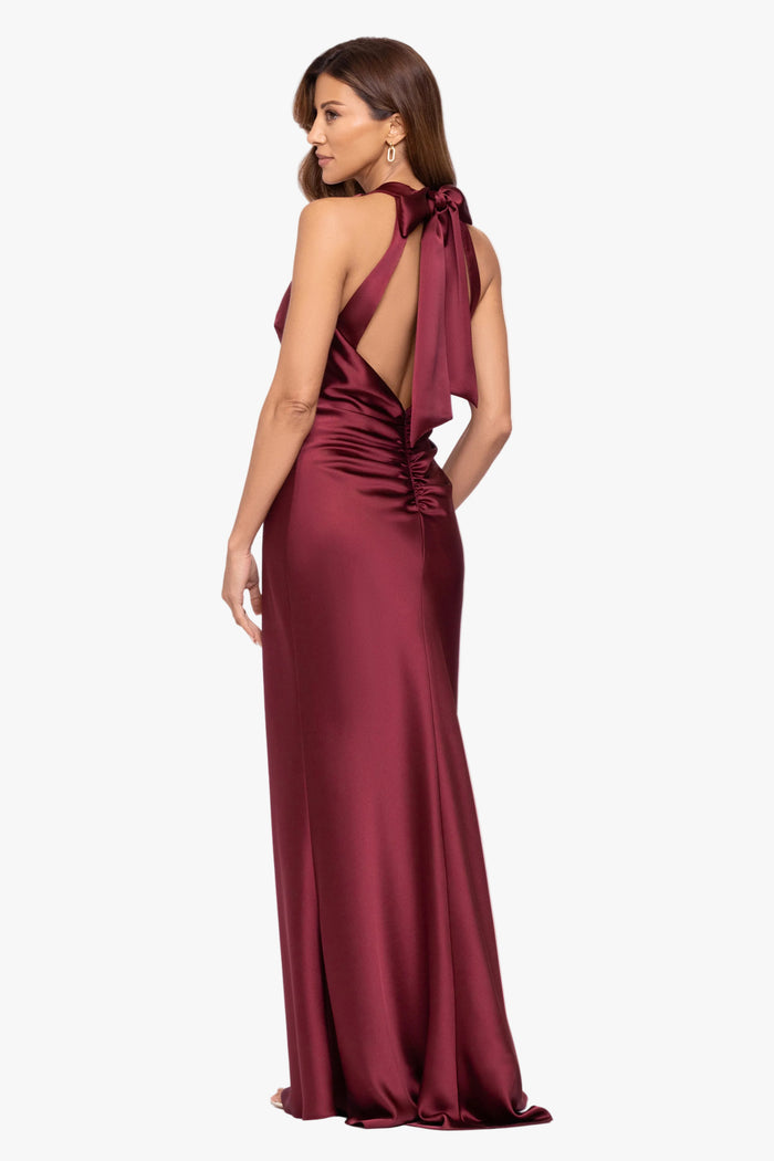 "Jade" Satin Tie Neck Ruched Dress
