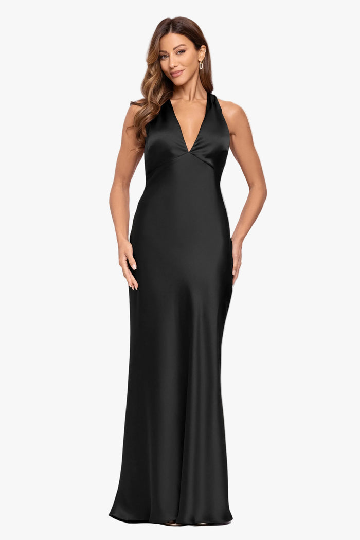 "Jade" Satin Tie Neck Ruched Dress