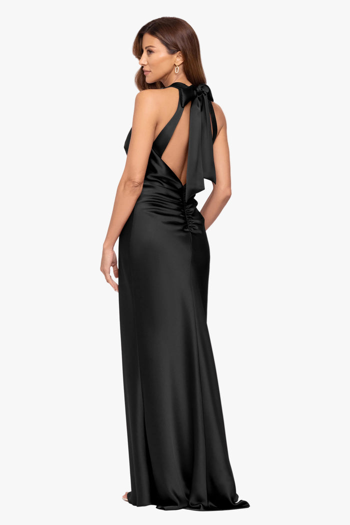 "Jade" Satin Tie Neck Ruched Dress
