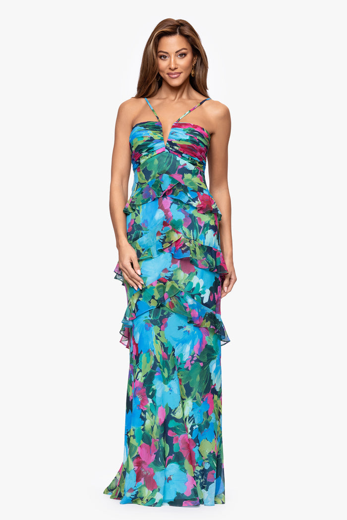 Turquoise/Multi “Jayla” Print Chiffon Tiered Ruffle Dress, front view