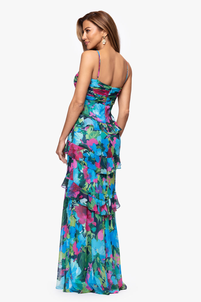 Turquoise/Multi “Jayla” Print Chiffon Tiered Ruffle Dress, back view