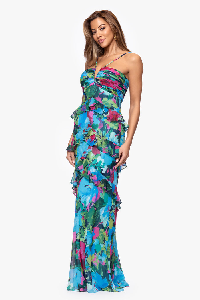 Turquoise/Multi “Jayla” Print Chiffon Tiered Ruffle Dress, angled three-quarter view