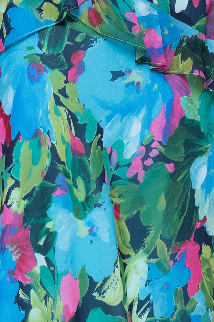 Turquoise/Multi “Jayla” Print Chiffon Tiered Ruffle Dress, floral chiffon fabric and ruffle detail