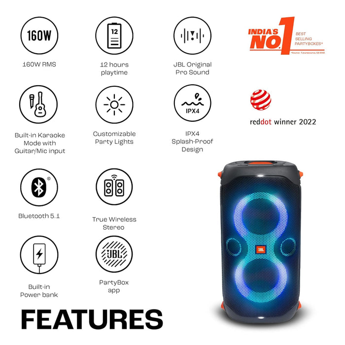JBL Partybox 110 | Wireless Bluetooth Party Speaker | 160W Monstrous Pro Sound | Dynamic Light Show | Upto 12Hrs Playtime | Built-in Powerbank | Guitar & Mic Support PartyBox App (Black) - Unboxify