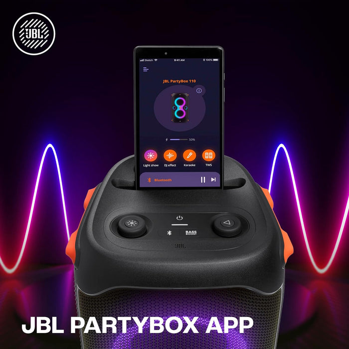 JBL Partybox 110 | Wireless Bluetooth Party Speaker | 160W Monstrous Pro Sound | Dynamic Light Show | Upto 12Hrs Playtime | Built-in Powerbank | Guitar & Mic Support PartyBox App (Black) - Unboxify