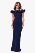 Navy “Jessica” Scuba Crepe Ruffle Wire Neck Dress, front view