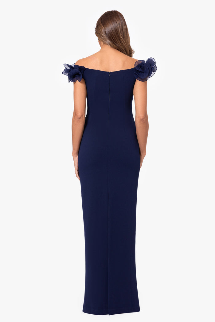 Navy “Jessica” Scuba Crepe Ruffle Wire Neck Dress, back view