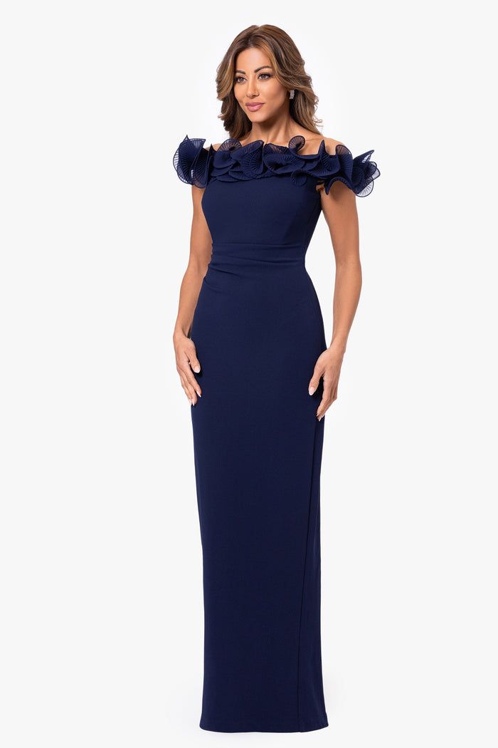 Navy “Jessica” Scuba Crepe Ruffle Wire Neck Dress, angled three-quarter view
