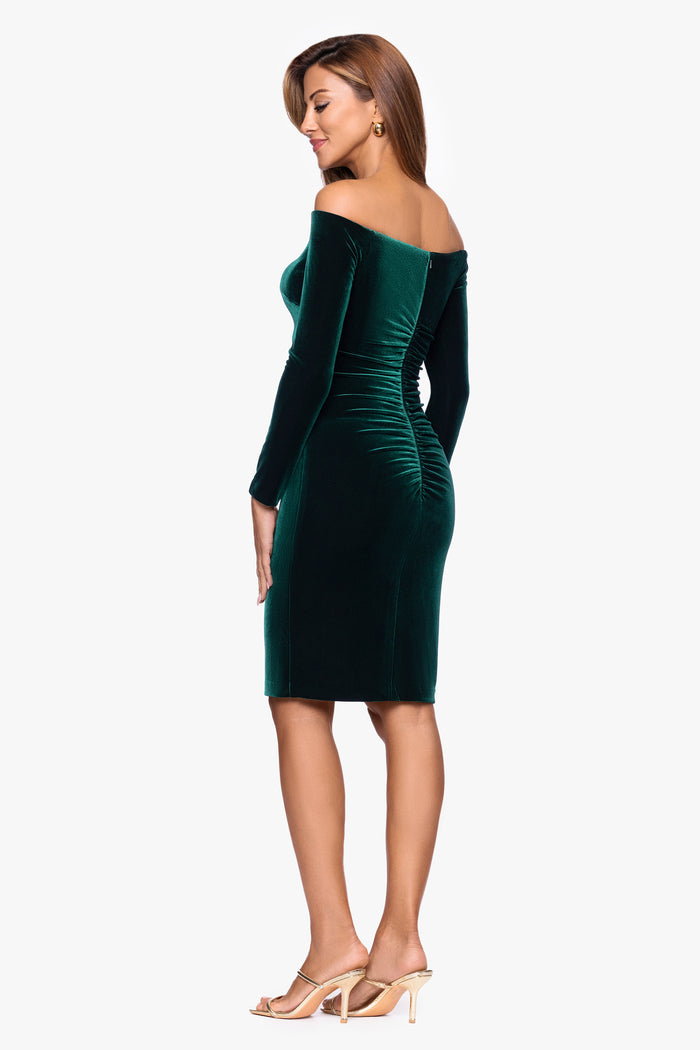 Hunter “Jody” Velvet Off the Shoulder V-Neck Dress, back view with ruching