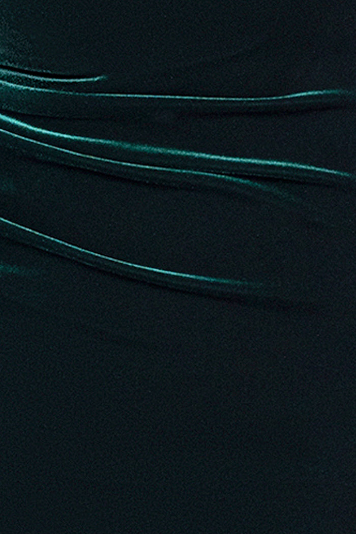Hunter “Jody” Velvet Off the Shoulder V-Neck Dress, velvet fabric and ruching detail