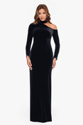Black “Julia” Velvet Cut Out Shoulder Dress, front view