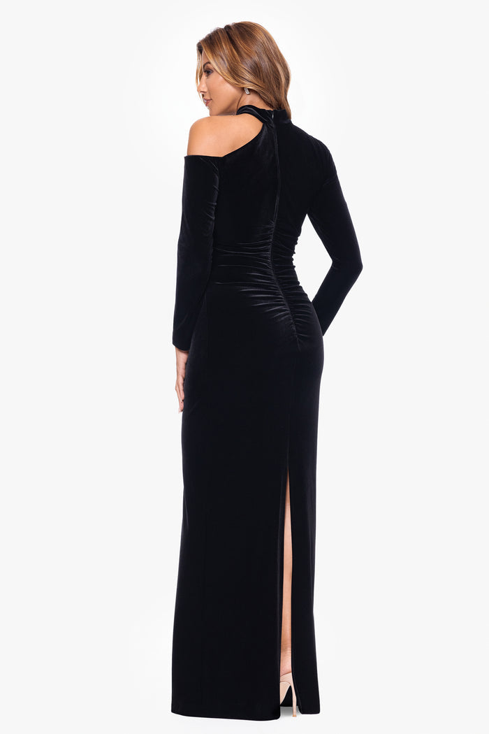 Black “Julia” Velvet Cut Out Shoulder Dress, back view with center slit
