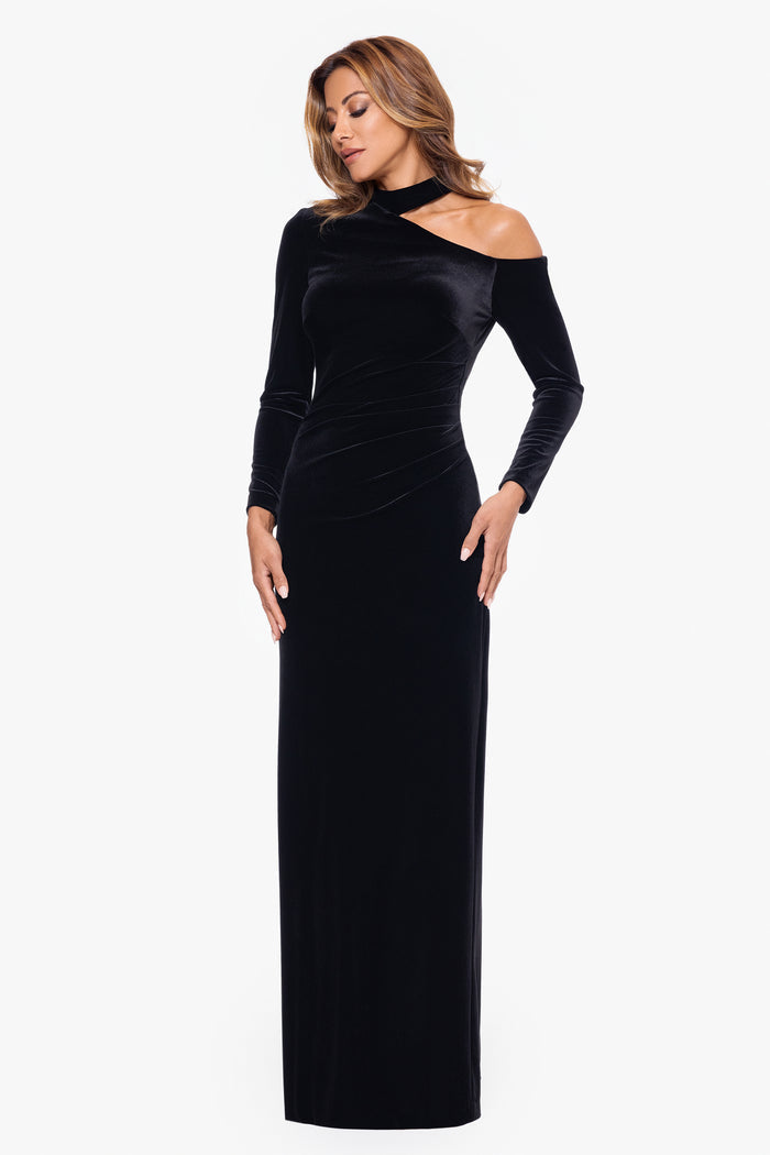 Black “Julia” Velvet Cut Out Shoulder Dress, angled three-quarter view