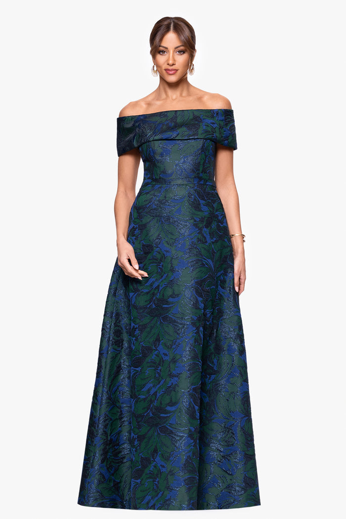Navy/Green “June” Jacquard Off the Shoulder Dress, front view