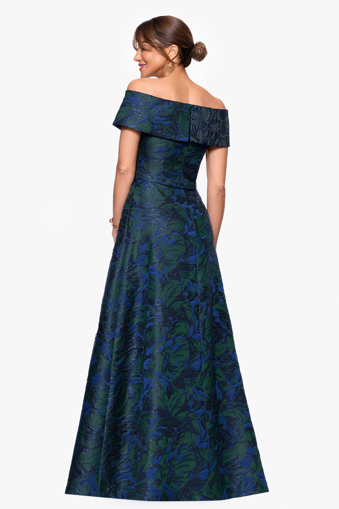 Navy/Green “June” Jacquard Off the Shoulder Dress, back view