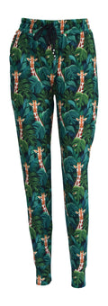 Slim fit Jungle Giraffe Joggers with green leaves and giraffe print on black background, cuffed bottoms, drawstring waist, and pockets.