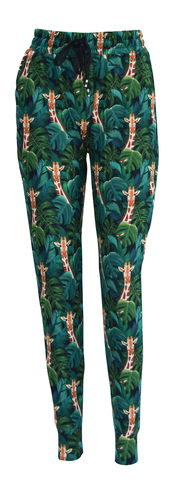 Slim fit Jungle Giraffe Joggers with green leaves and giraffe print on black background, cuffed bottoms, drawstring waist, and pockets.