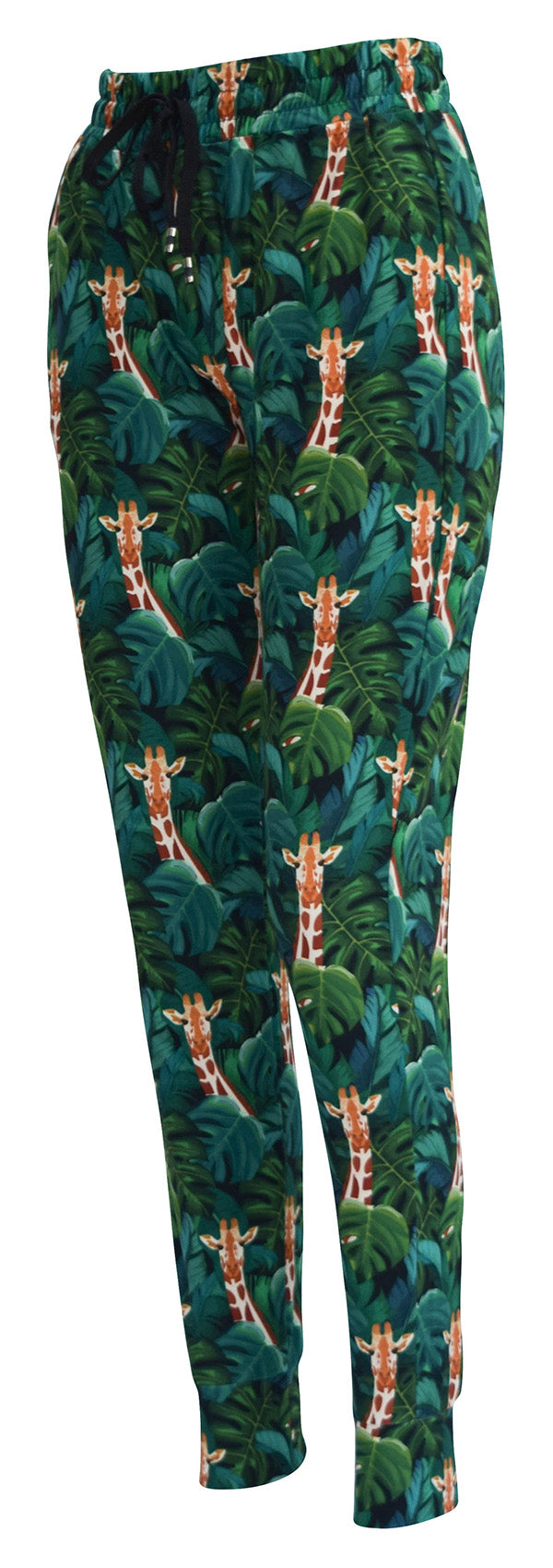 Slim fit Jungle Giraffe Joggers with green leaves and giraffe print on black background, featuring cuffed bottoms, drawstring waist, and pockets.