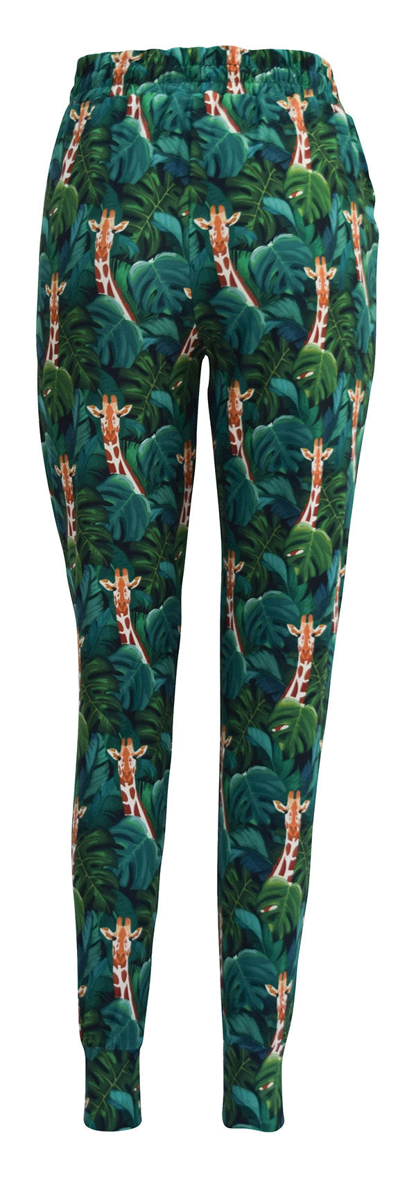 Slim fit Jungle Giraffe Joggers with green leafy print and giraffe design, cuffed bottoms, drawstring waist, and pockets