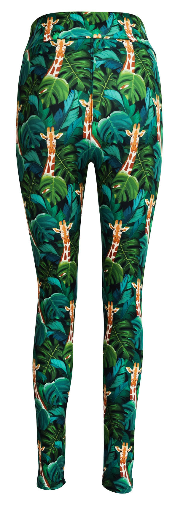 Jungle Giraffe Kids leggings with giraffes among green jungle leaves on black background